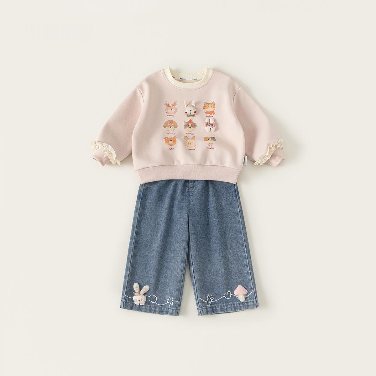 Childrens Cartoon Crew-neck Hoodie And Bunny Jeans Two-piece Set