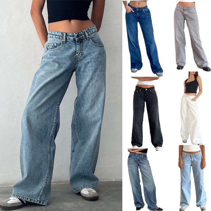 American Style Retro Low Waist Non-Elastic Washed Straight Jeans Women's Autumn New…