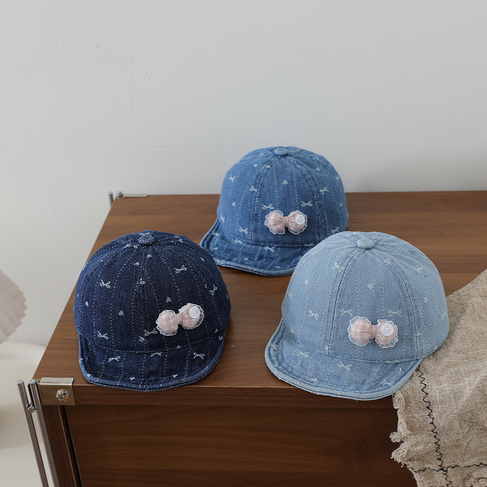 Striped Lace Bow Girl's Denim Baseball Cap, Baby-sized, Washed, Jacquard, Frayed…