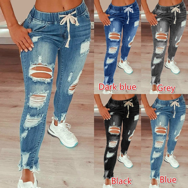 European And American Style Elastic Waist Women's Jeans High-Waisted Ripped Skinny…