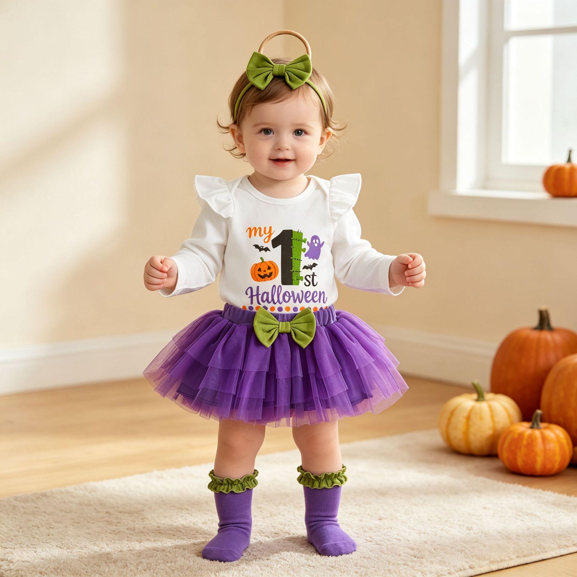 Girls Halloween Long-Sleeve Romper Tulle Skirt Set