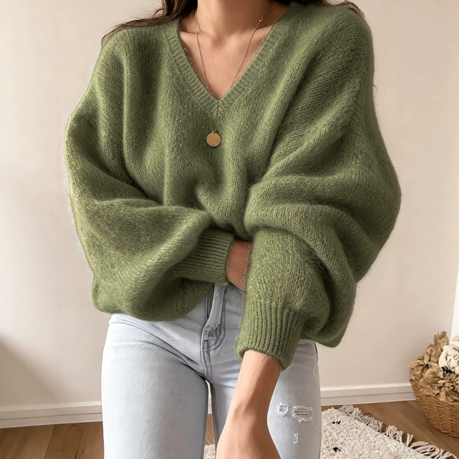 Lantern-sleeve Relaxed Casual-style Knitted Pullover