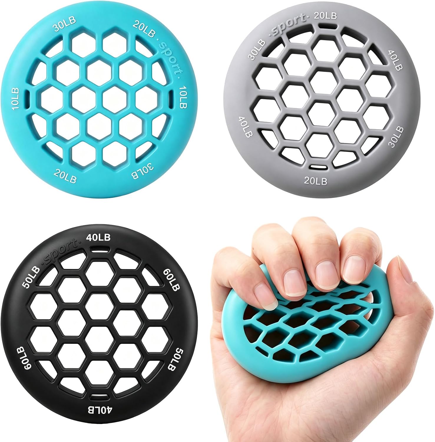 Honeycomb Adjustable Silicone Hand Exerciser & Grip Strengthener Rings, 10-60 LB Finger…