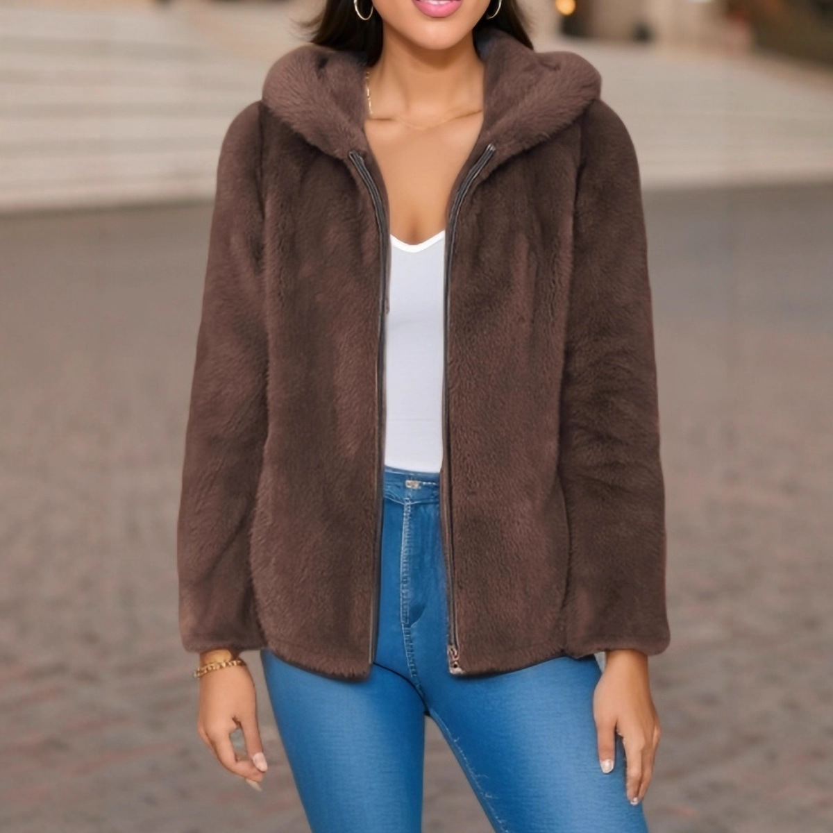 Fleece-lined Double-sided Coral Fleece Hooded Warm Jacket