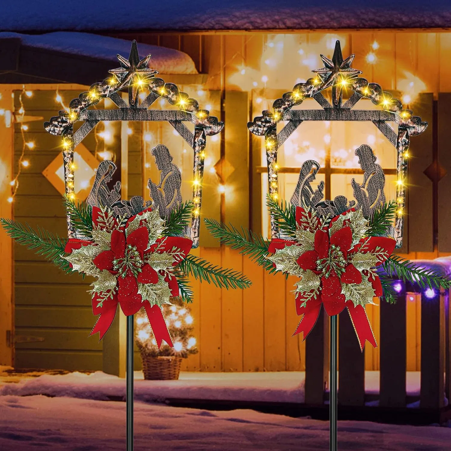 2-Pack Nativity Scene Outdoor Yard Stakes Metal Christmas Light Decorations LED Christmas…