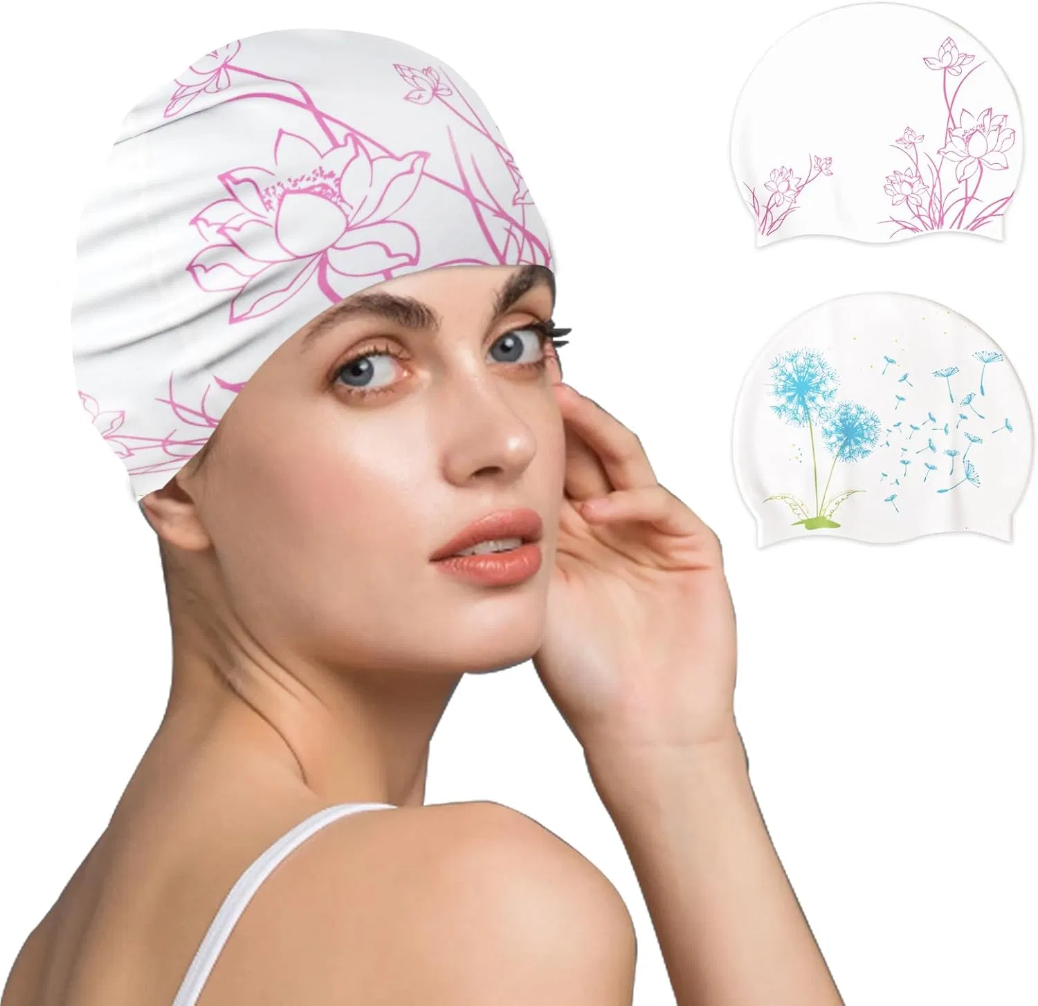 2-Pack Adult Swim Caps for Women, Silicone Waterproof Swimming Caps - Fits Long/Short…