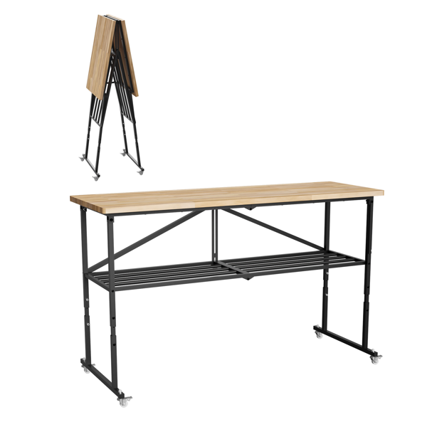 Foldable Hardwood Workbench Adjustable Wood-Top Utility Table with Locking Casters