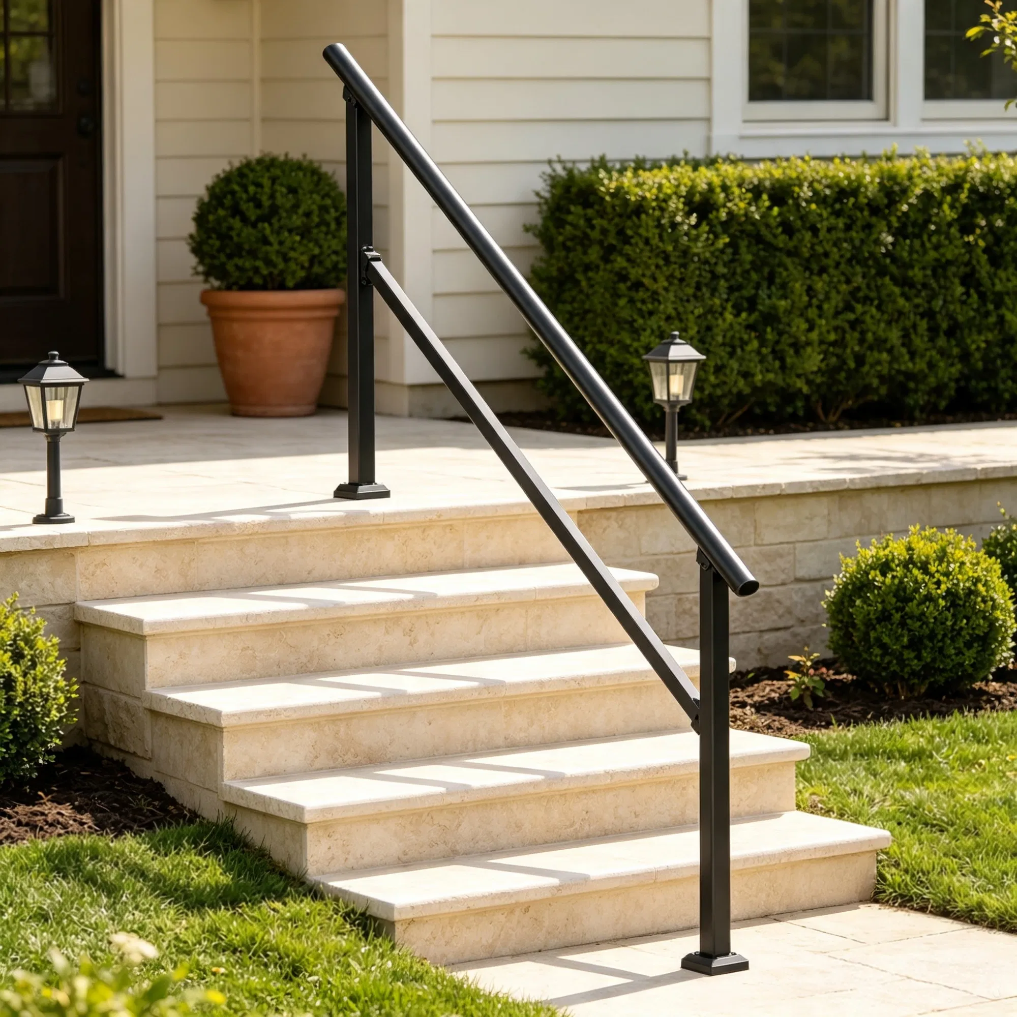5-Step Stair Handrail Kit, Transitional Black Square Tube Design with Installation…