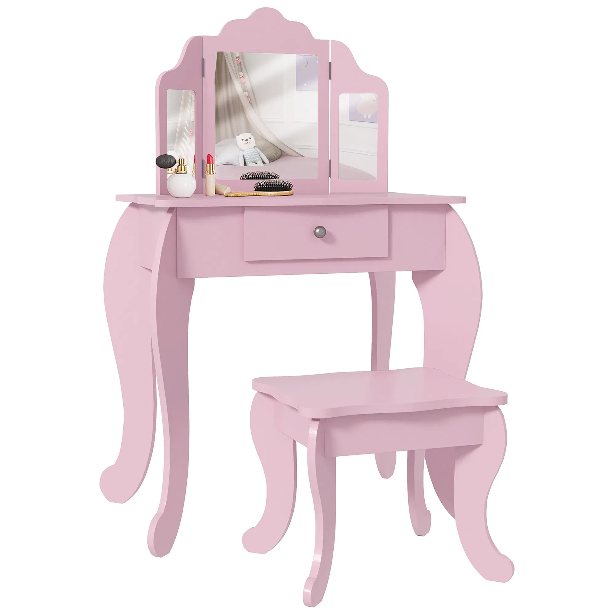 Kids Vanity Table and Stool, Makeup Vanity Girls Dressing Table Set with Tri-folding…