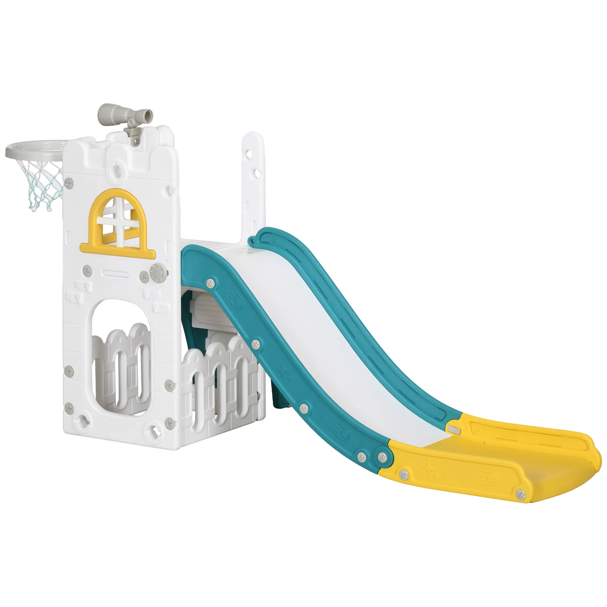 4-in-1 Toddler Slide with Basketball Hoop, Climber, Telescope, Storage Basket, for 1-3…
