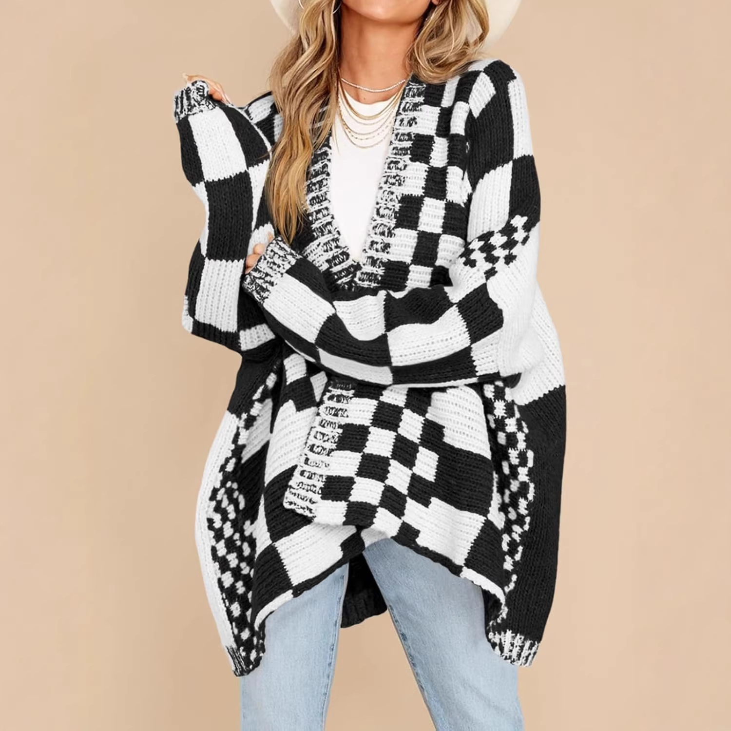 High-end Large-check Color-block Knit Cardigan