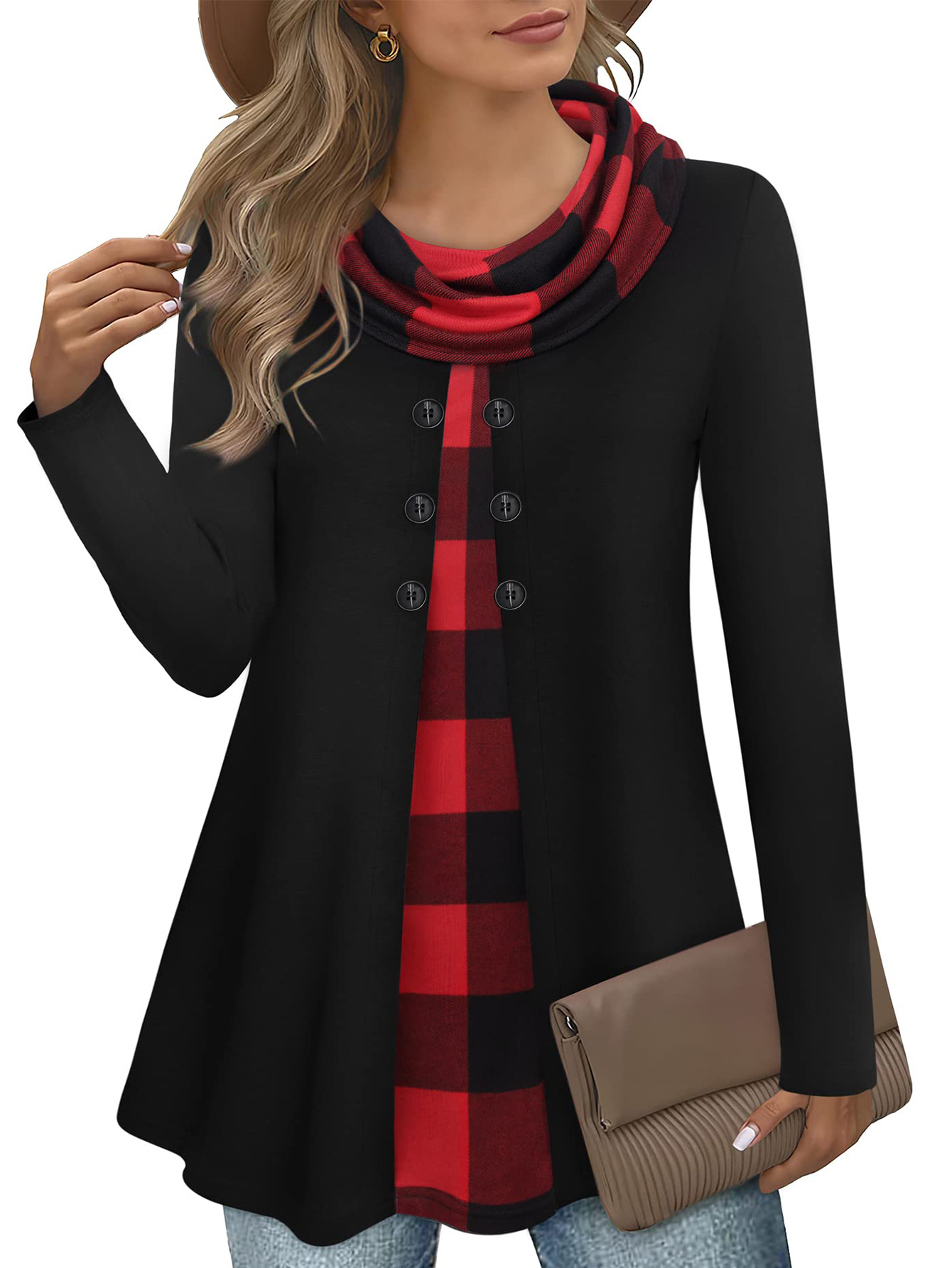 European And American Exclusive Women's Autumn Plaid Faux Two-piece Stacked Collar…
