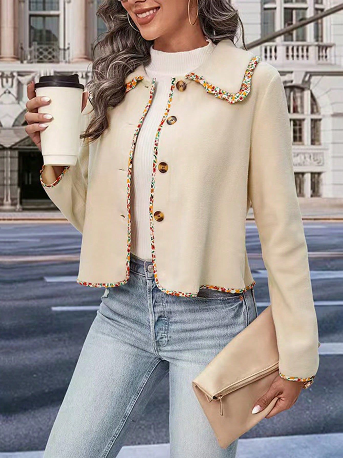 Autumn WinterA Gentle, Color-blocked Floral Print, Short-sleeved, Drop-shoulder…