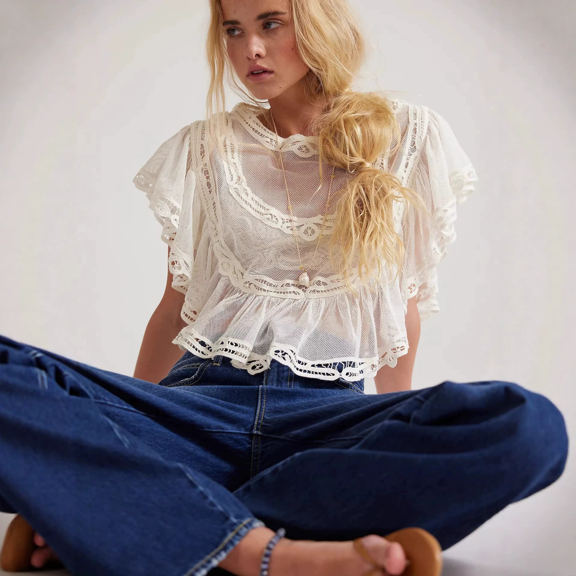 Long-sleeve Knitted Hollow-out Top With Tie-up Details