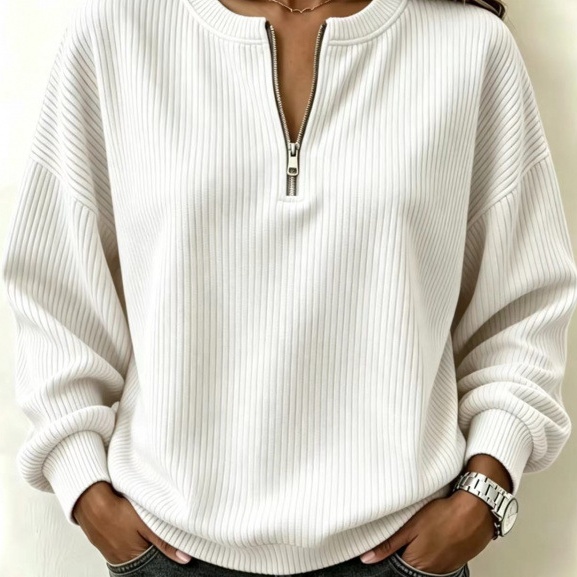 Zip-up Long-sleeve Drop-shoulder Casual Loose-fitting Crew Neck