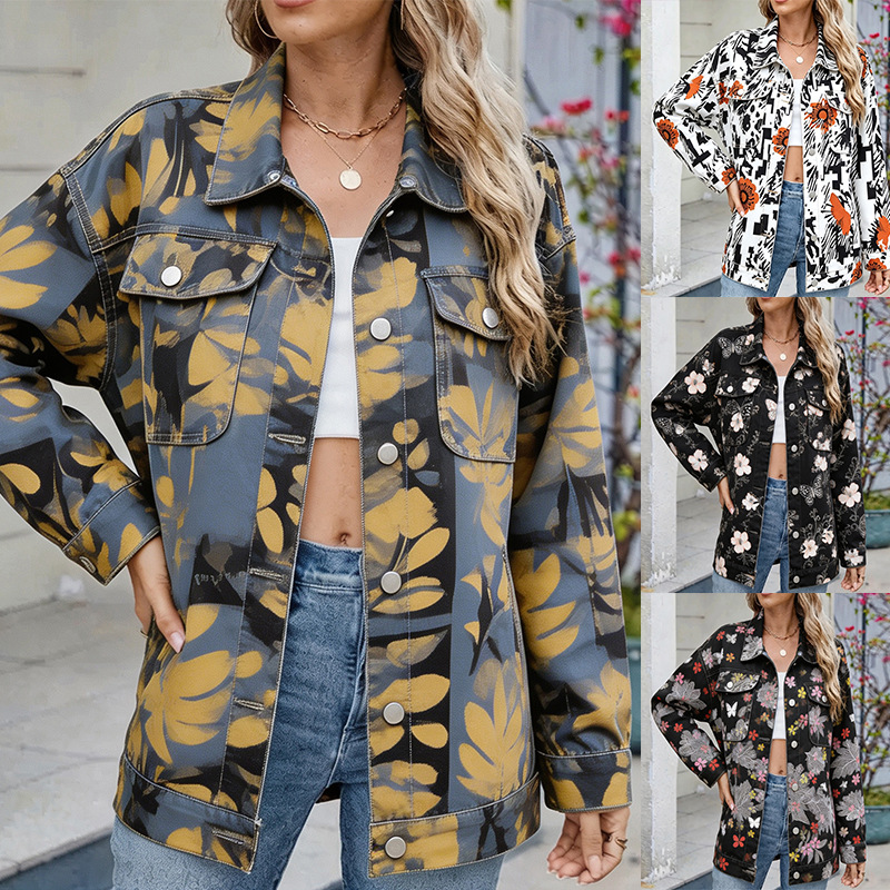Women's Denim Jacket With All-Over Plant Print