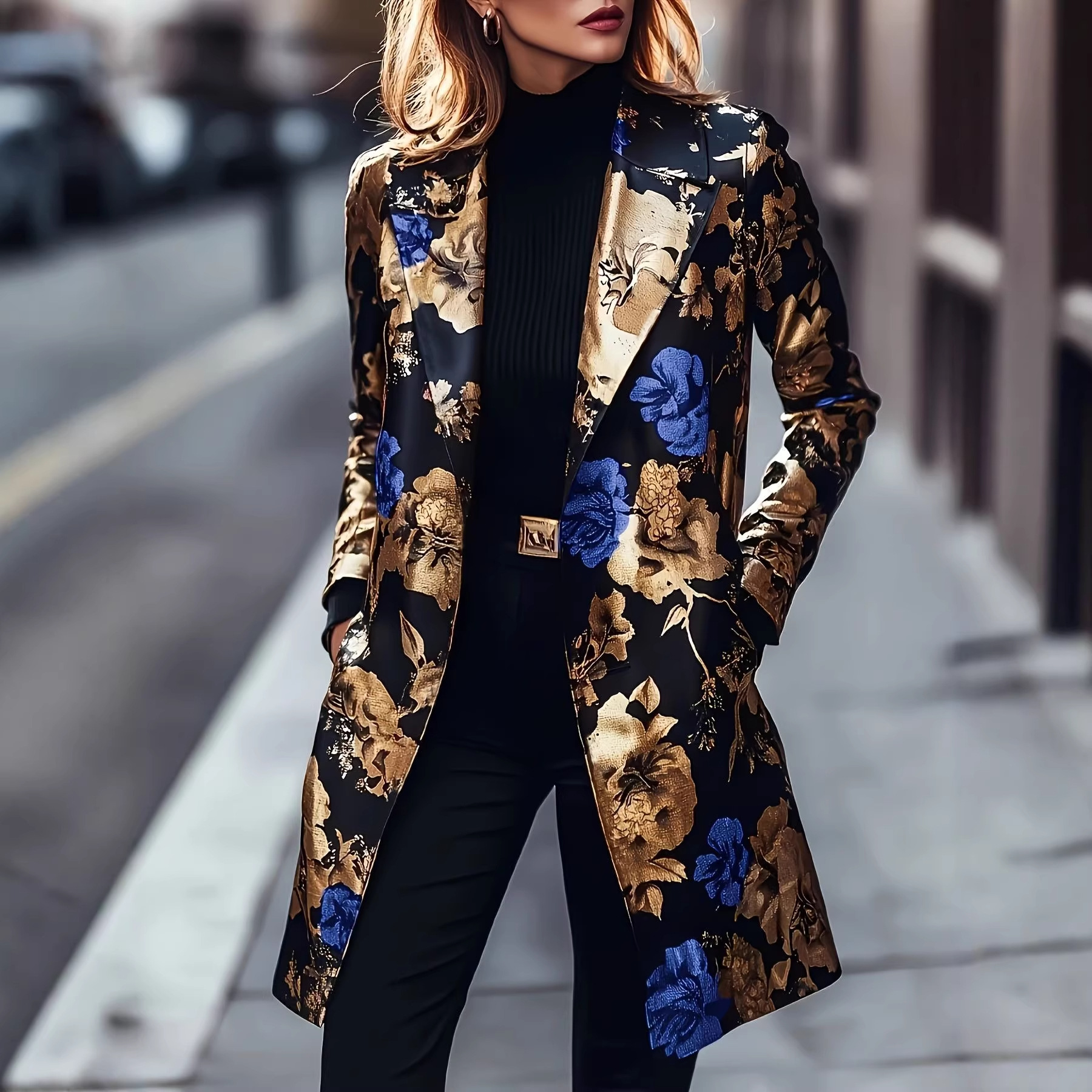 High-end Jacquard Design With A Black-and-gold Base And Blue Floral Pattern