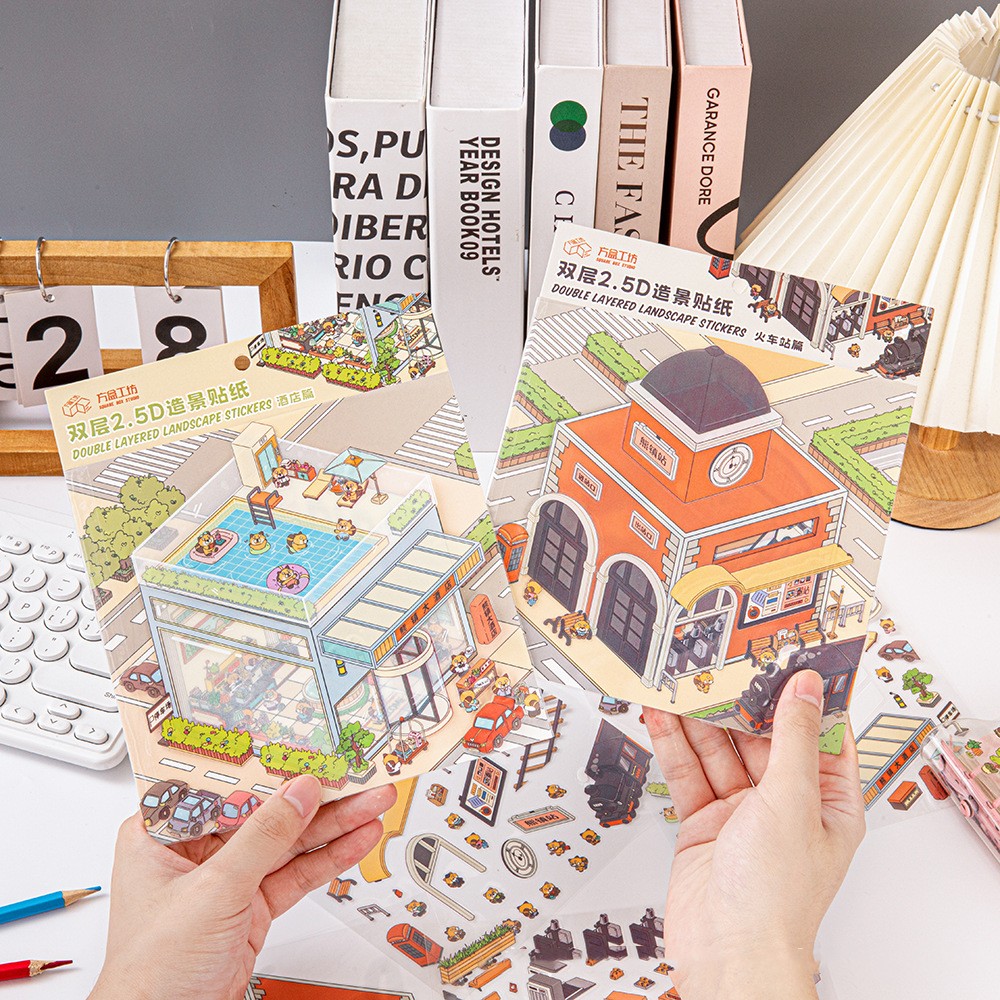 Square Box Workshop Double-layer Landscape Stickers Cute Large
