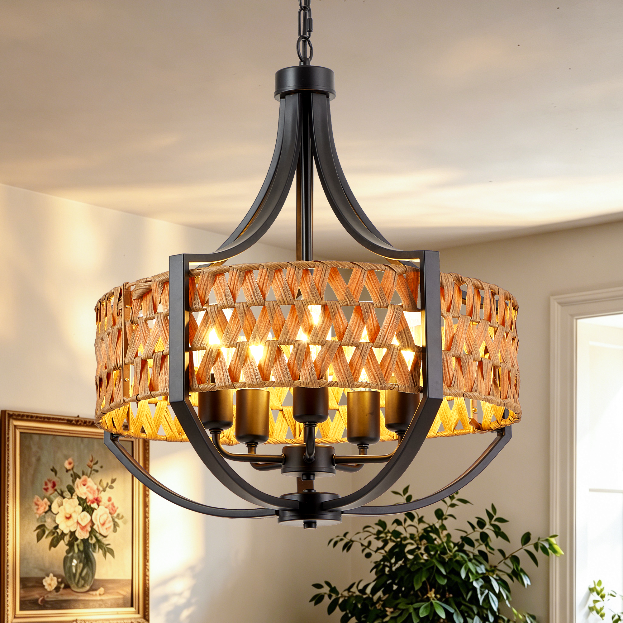 19.7" Rattan Chandelier, 5-Light Boho Chandelier with Natural Woven Reed Shade, Black…