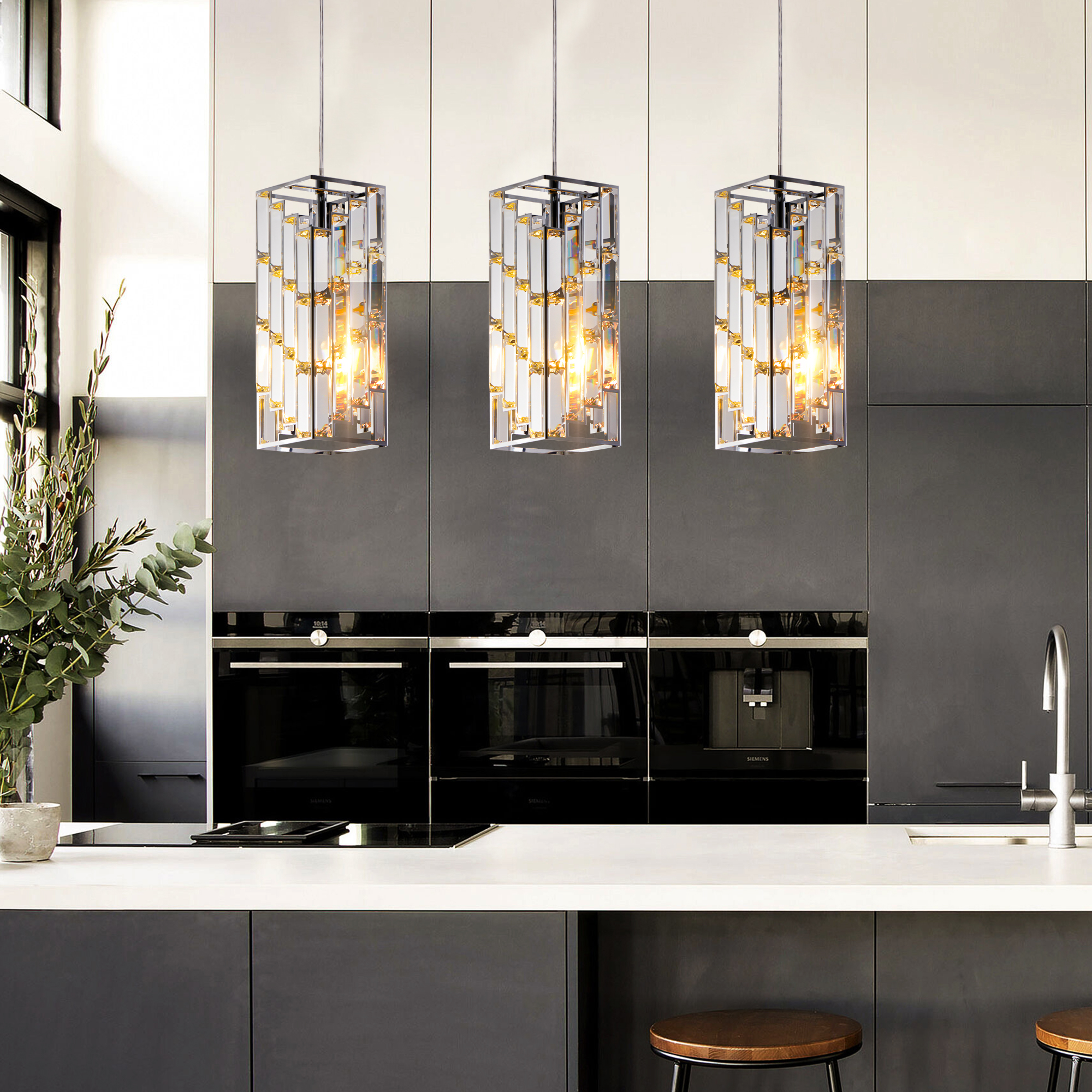 4" Modern Crystal Pendant Light - 3 Pack, Adjustable Hanging Ceiling Lamp with Crystal…