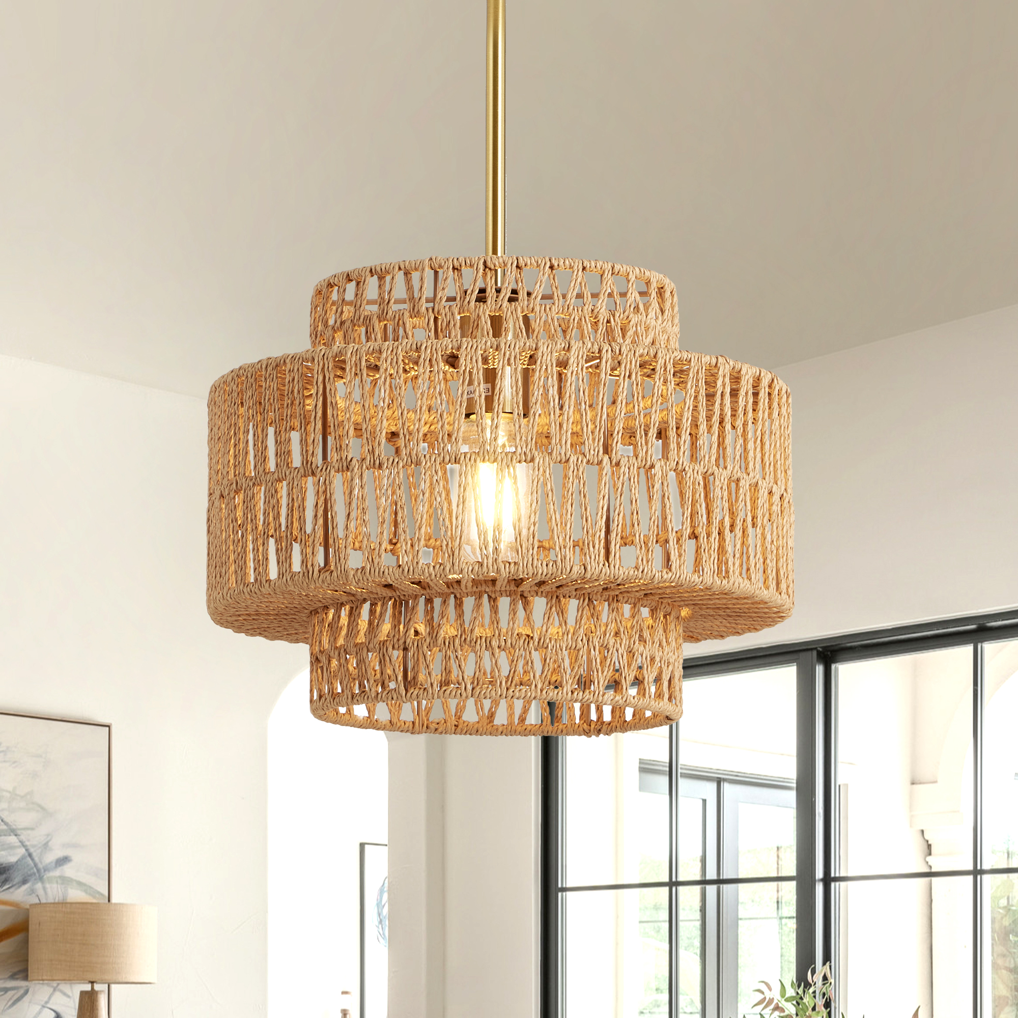 12.6 in Boho Rattan Chandelier Light Fixture,1-Light Hand Woven Pendant Light Fixture…