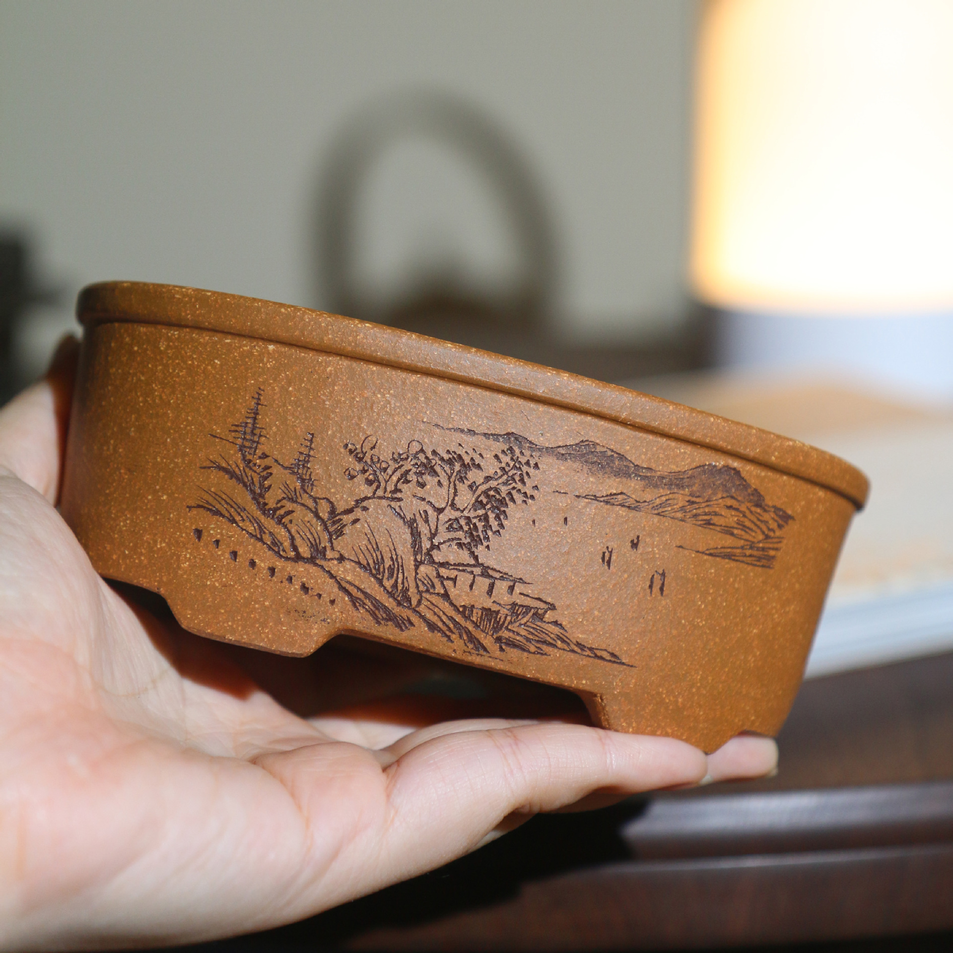 Oval Hand-engraved Dihua Clay Desktop Yixing Flower Pot