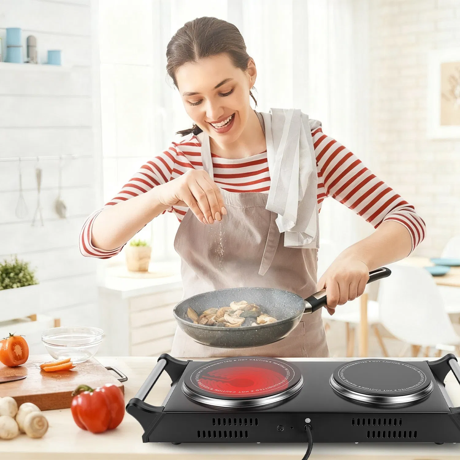 Dual Hot Plate Electric Cooktop - 800W+1000W Power, 6.3in+7.5in Silicon Crystal Glass…