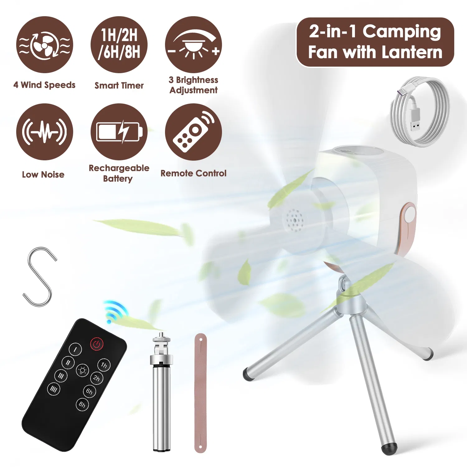 2-in-1 Rechargeable Camping Fan with Built-In LED Lantern Remote Control, 4 Wind Speeds 3…