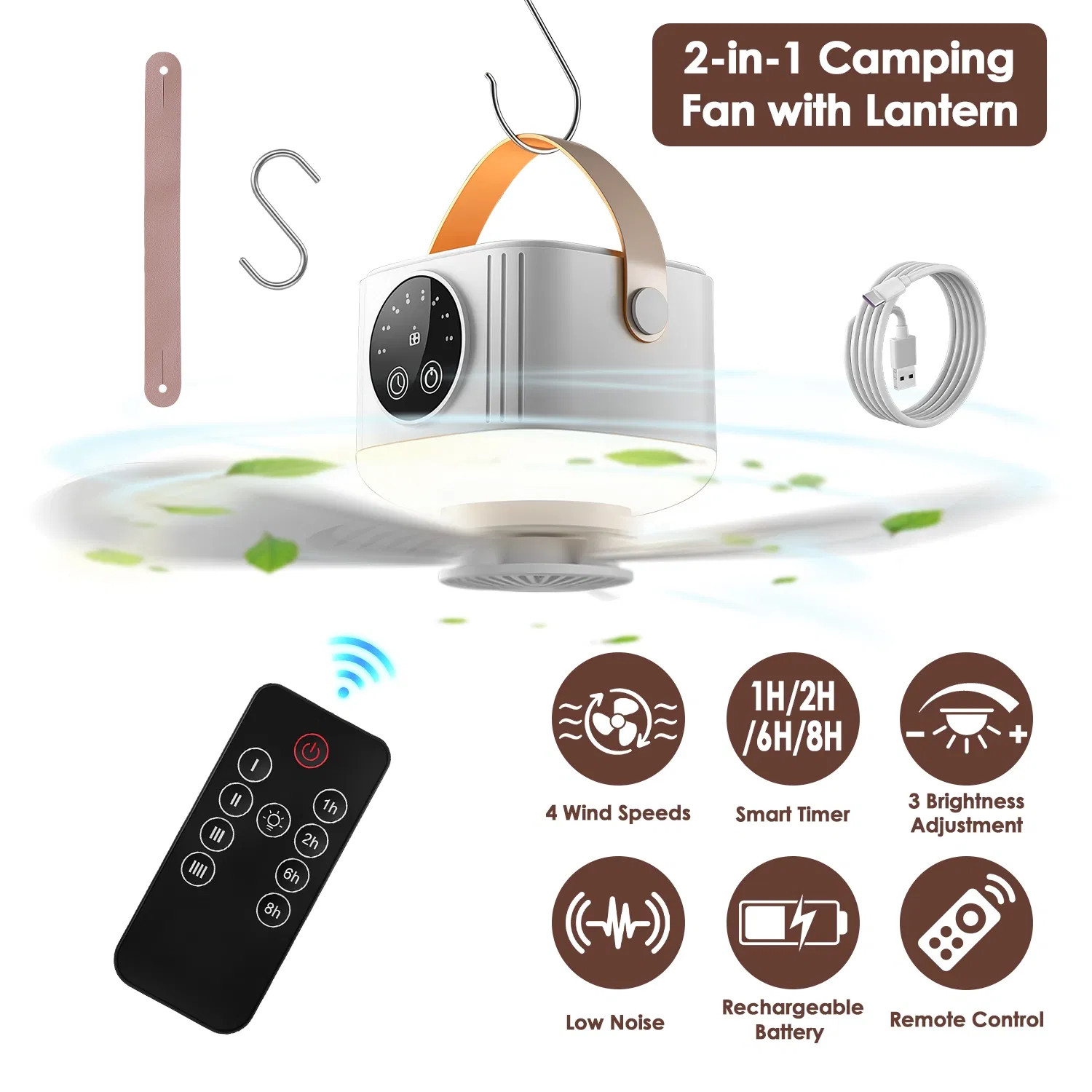 Portable Tent Ceiling Fan Built-in LED Lantern Remote Controlled Timing Fan Light for…