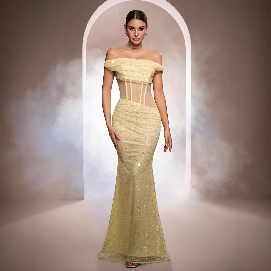Sleeveless Off-the-shoulder Sequined Mermaid Evening Gown