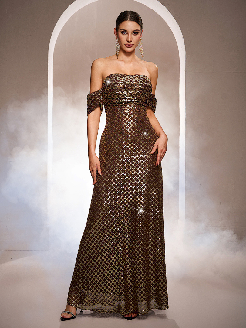Sleeveless Off-the-shoulder Bodycon Sequined A-line Evening Gown