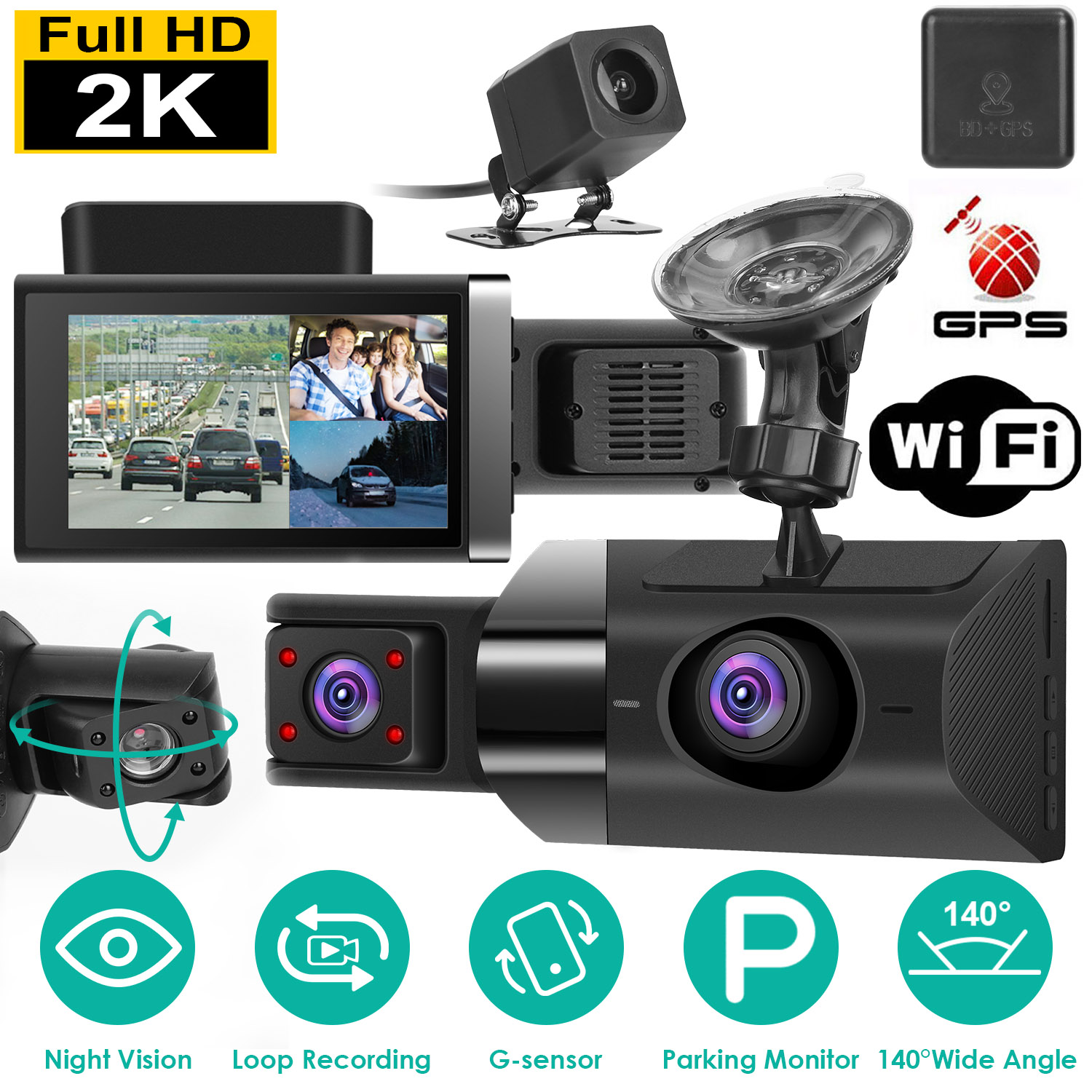 2K Car DVR 3 Channel Dash Cam Camcorder Camera Recorder With 140 Degree Angle GPS WiFi…