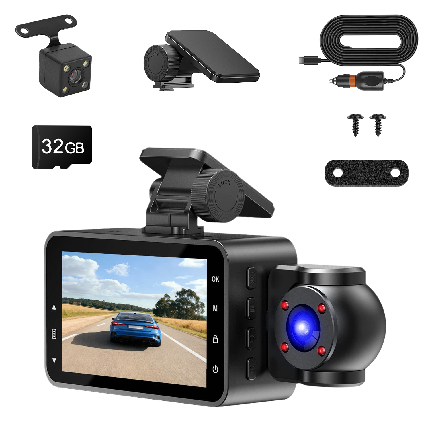 WiFi FHD 1080P 3 Channel Car Dash Cam Front Rear Inside With 32G MMC Card Motion…