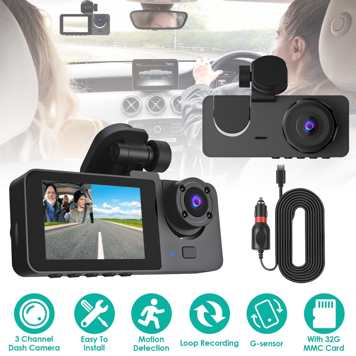3 Channel Dash Cam Front Inside Rear Vehicle Driving Recorder Car DVR With 32G MMC Card G…