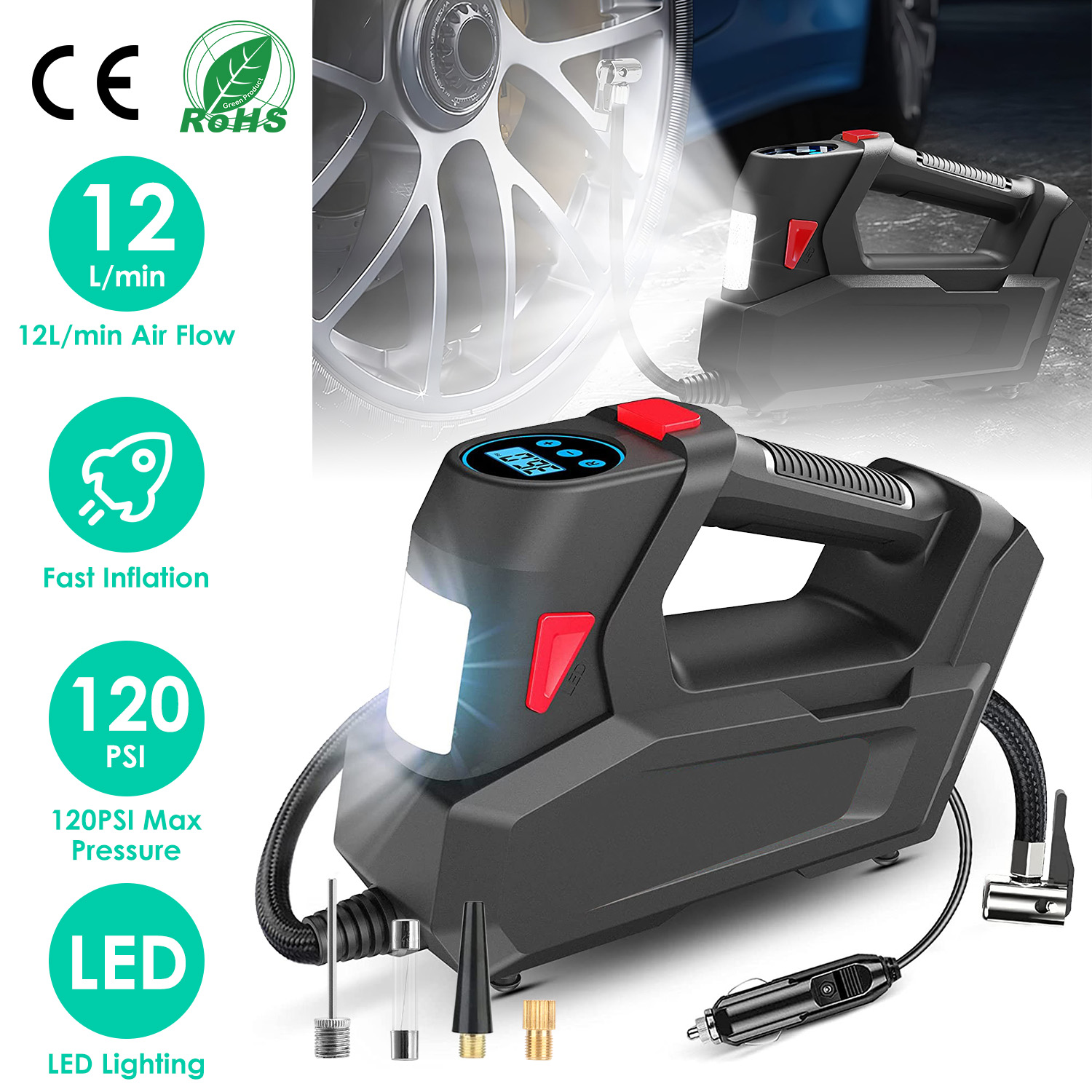 1-Pack Portable Tire Inflator 120 PSI Maximum 90W Powered Tire Inflator With Digital…