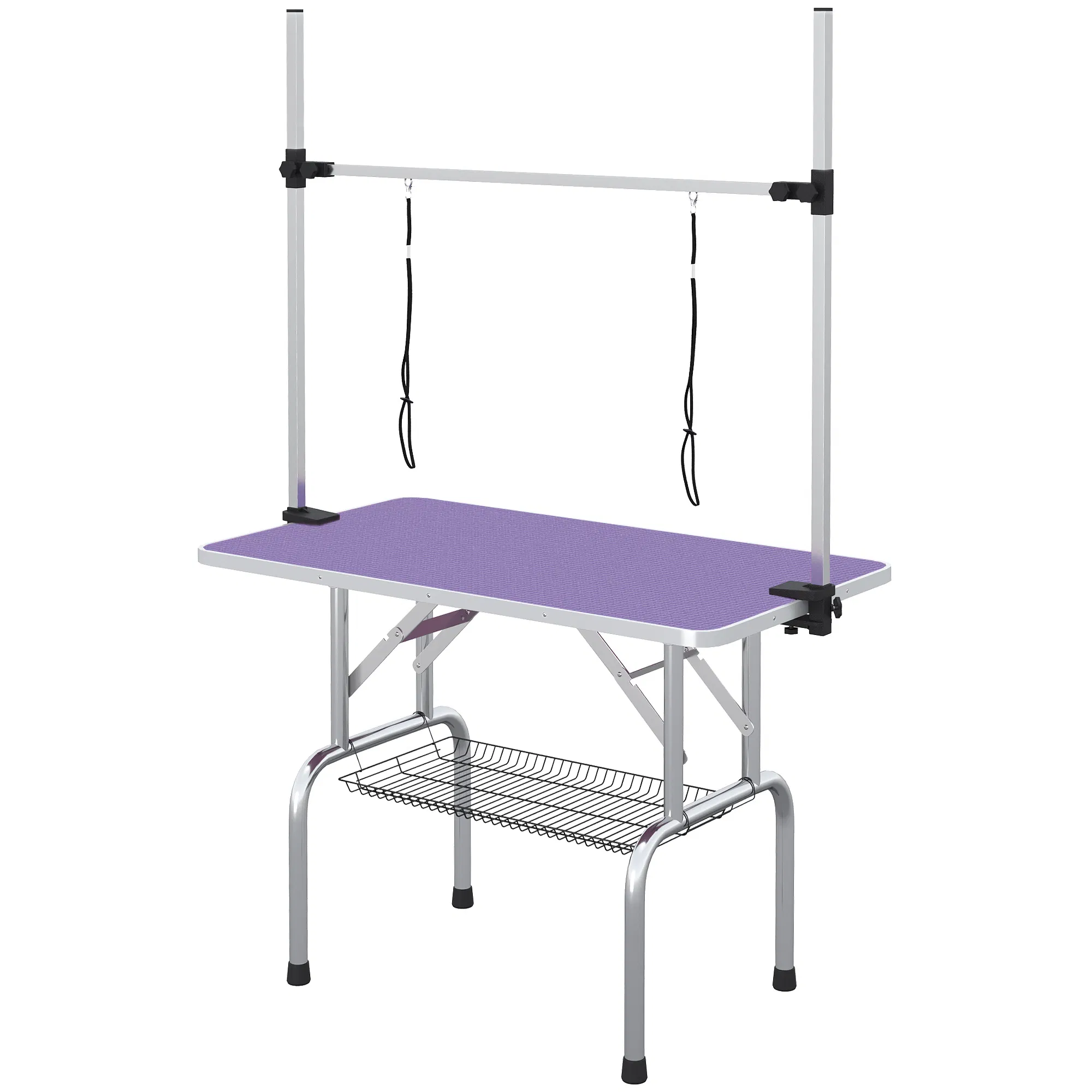 Adjustable Dog Grooming Table with 2 Safety Slings, Storage Basket, Purple