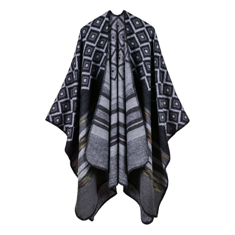 Women's Rhombus Color Striped Shawl, Women's Double-Sided Wearable Outdoor Travel Poncho