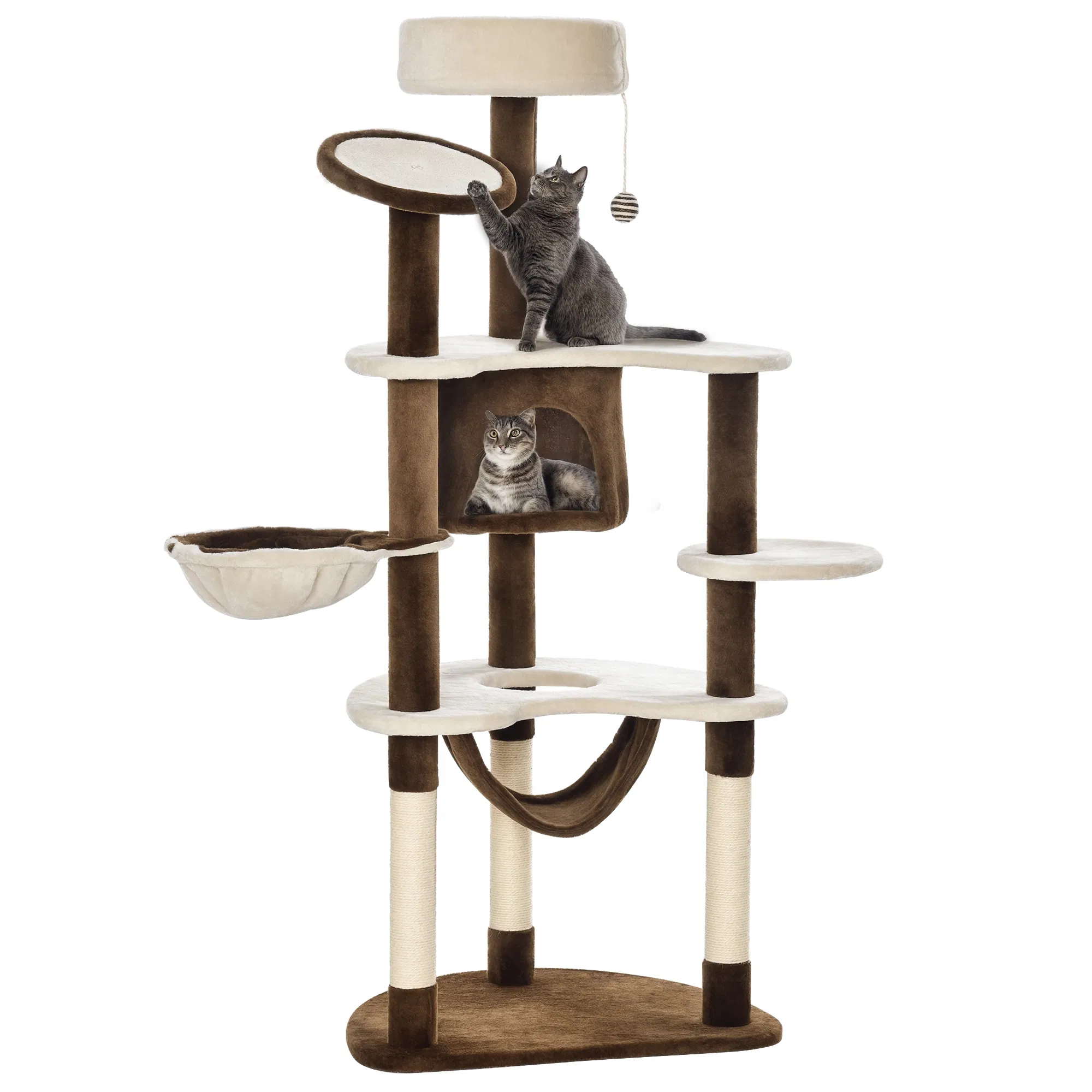 60" Cat Scratching Tree, Cat Bed Condo Post House Pet Furniture Toys-Brown & Beige