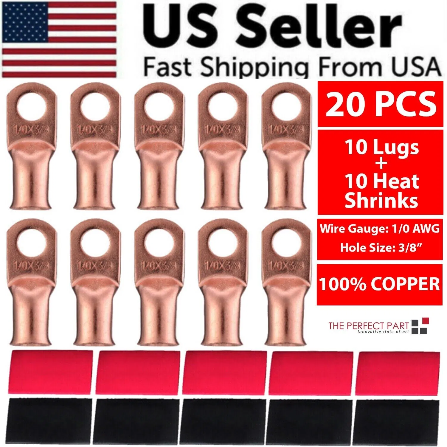 20-Pack 1/0 AWG Gauge Copper Lugs W/ BLACK & RED Heat Shrink Ring Terminals Wire