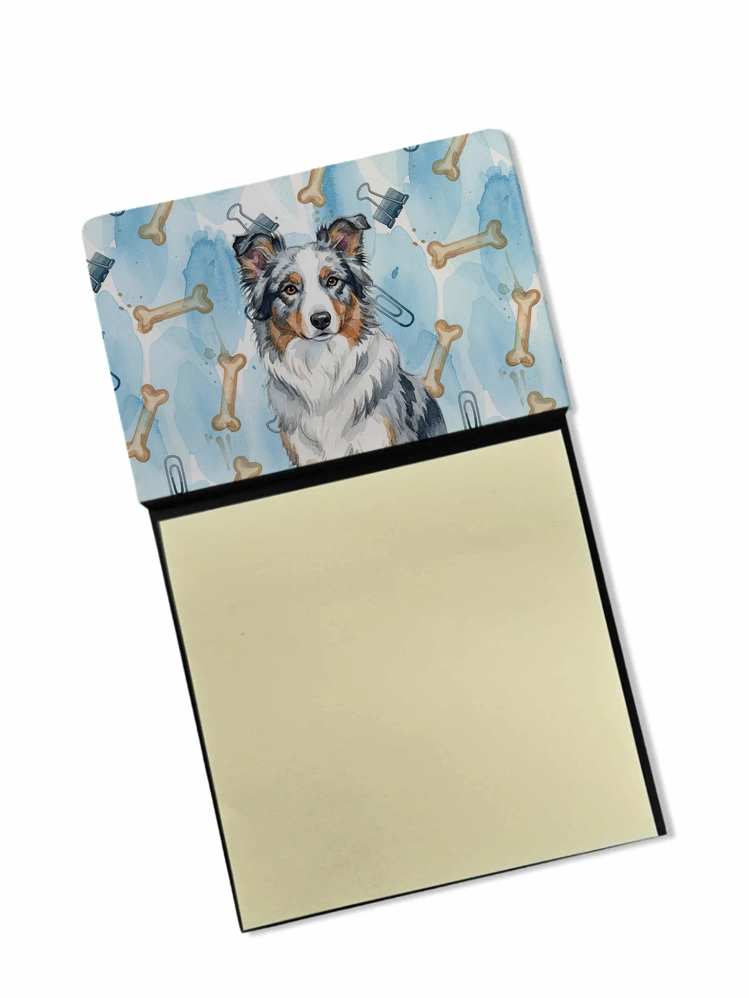 Blue Merle Border Collie Coworker Watercolor Sticky Note Holder Refillable Dispenser Desk…