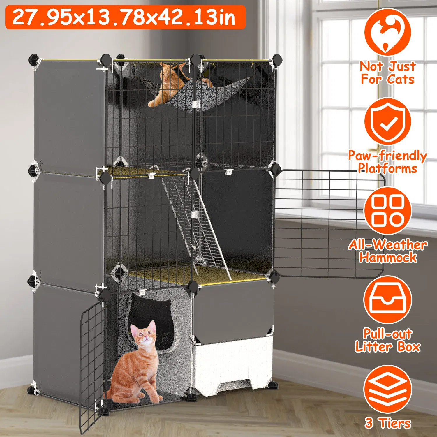 Multi-Level Cat Playpen Cage, 3-Tier Indoor Cat House with Built-in Litter Tray, Litter…