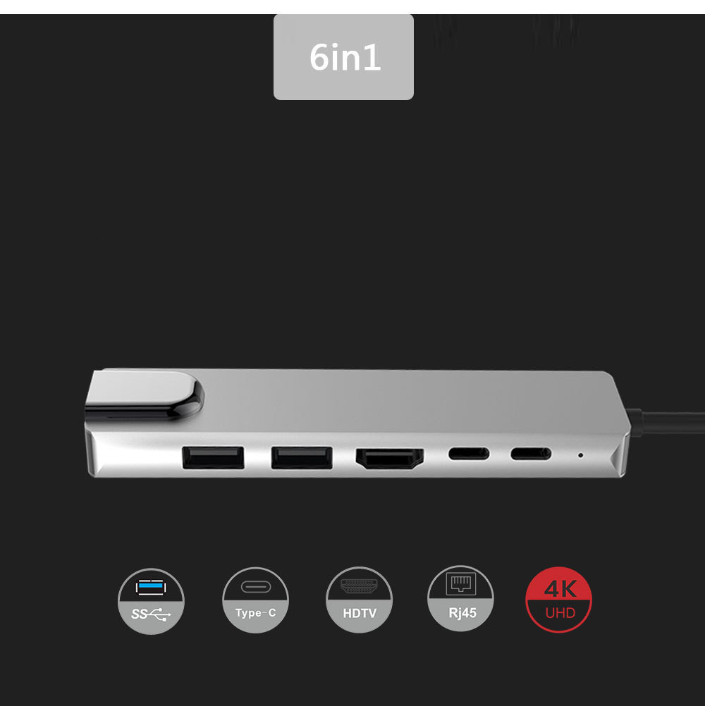 Type C To HDMI USB3.0 PD 6-in-1 HUB Rj45 Network Card Adapter