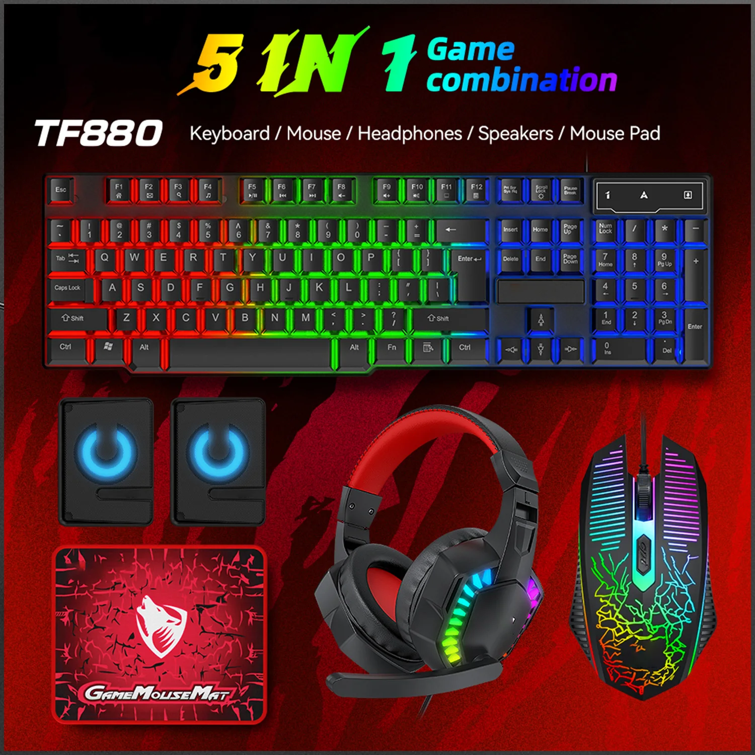 5-in-1 Set Gaming Combo Keyboard 4-color Breathing Light Mouse 3.5mm Gaming Headset…