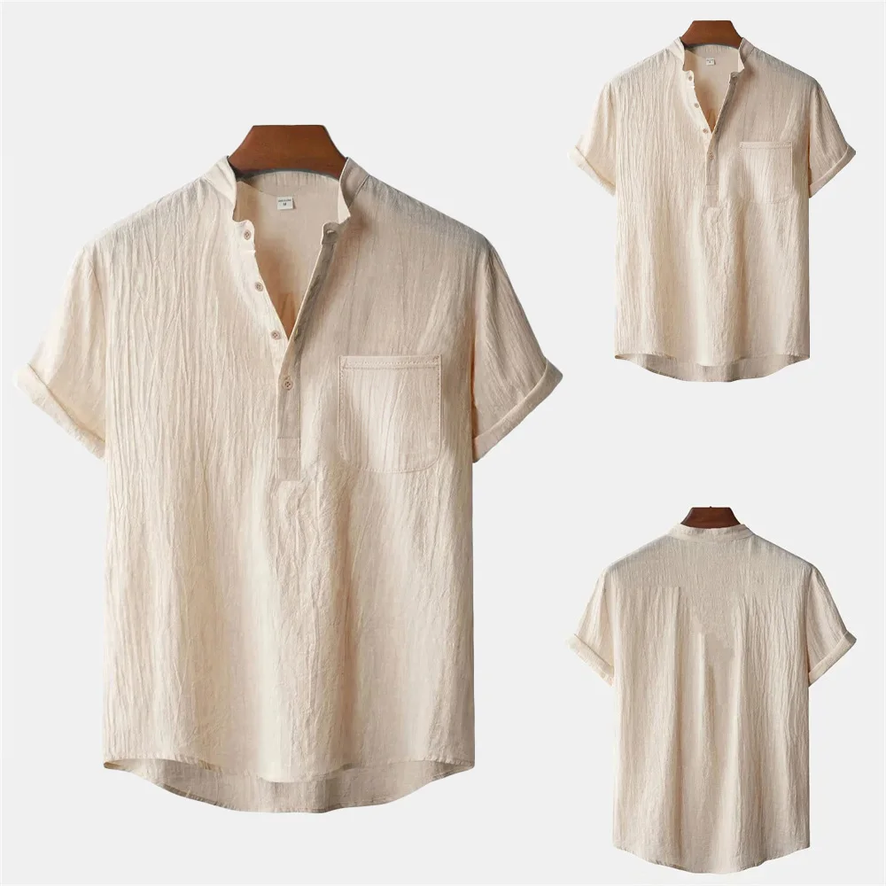 Men's Summer Cotton Linen T-shirt Beach Style Short SLeeve Henley Neck Vacation Hawaii…