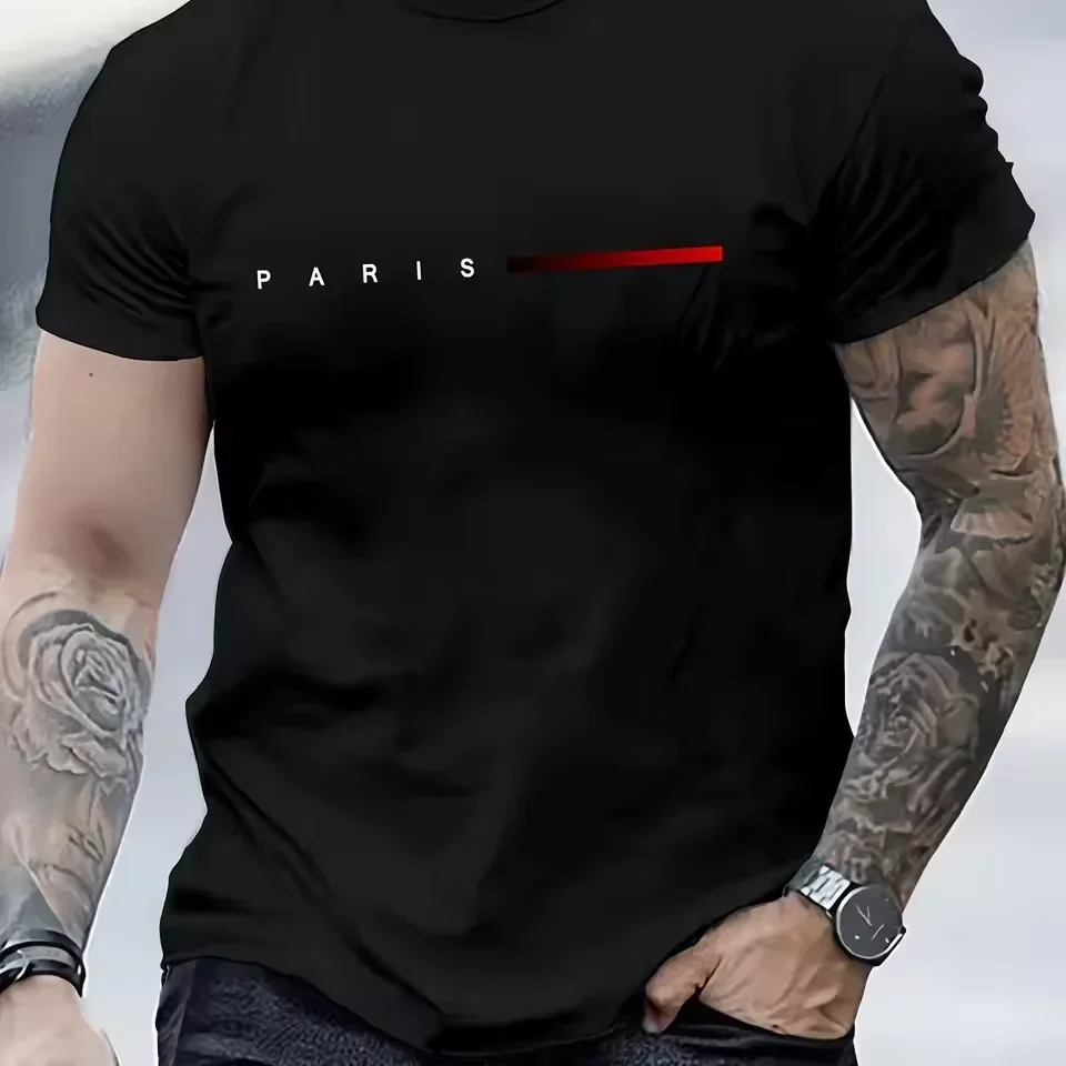 Men's 100% Cotton Summer Loose PARIS Creative Letter Print Casual Slim Fit Round Neck…