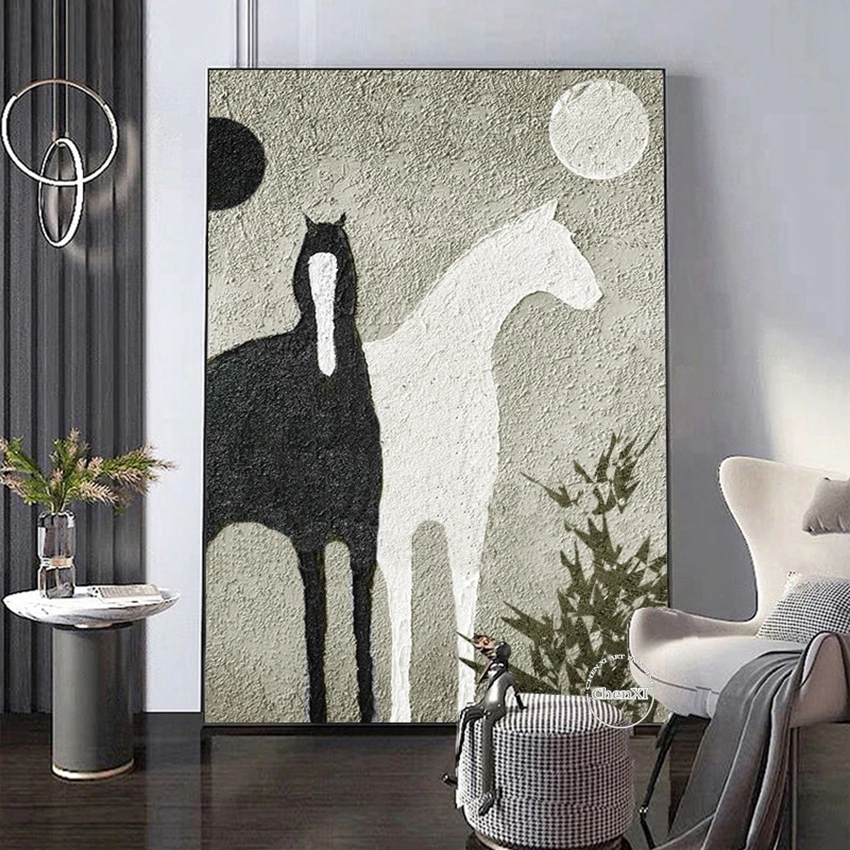 Black and White Horse Handmade Abstract Animal Picture Oil Painting On Canvas Handmade…