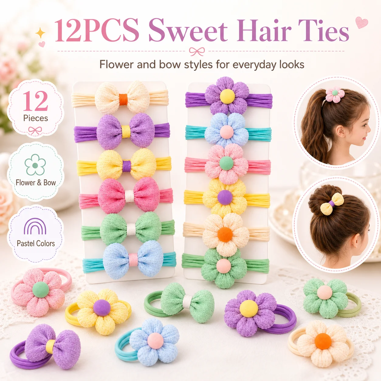 12-Pack New Cut Hair Ties Princess Sweet Flower Bow Girls Women Elastic Hair Bands Hair…