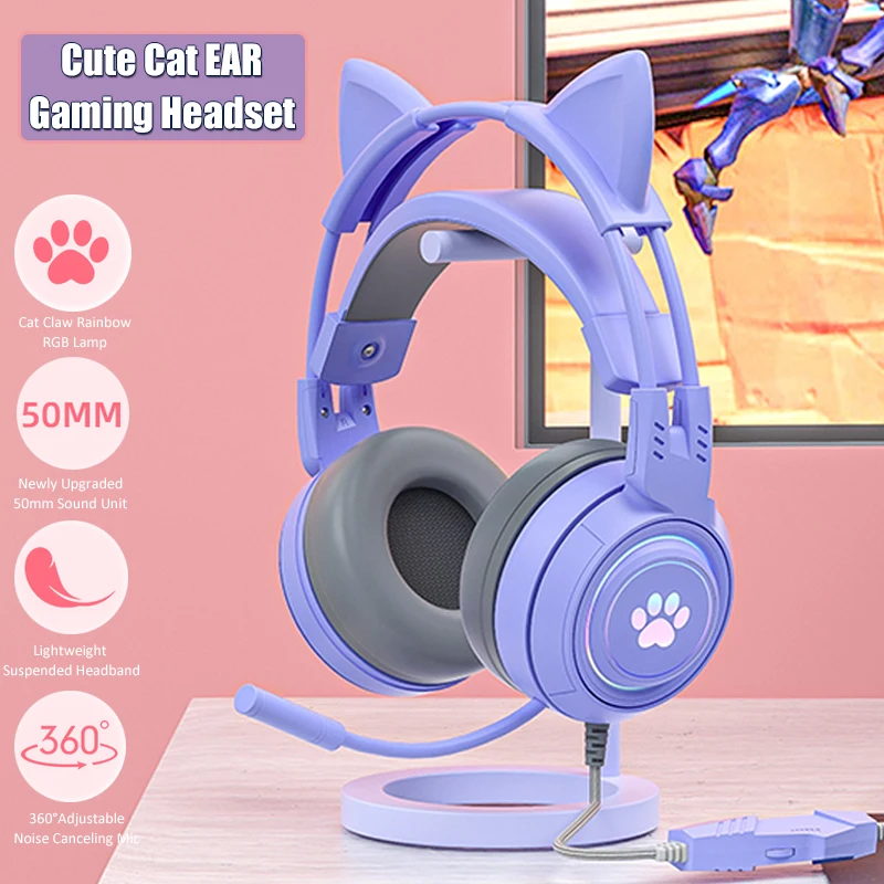 Cute Cat Ear Gaming Headphones with Mic Noise Reduced RGB Pink Girls Headset Gamer Accessories for PS4 Xbox Phone PC Kid Gift