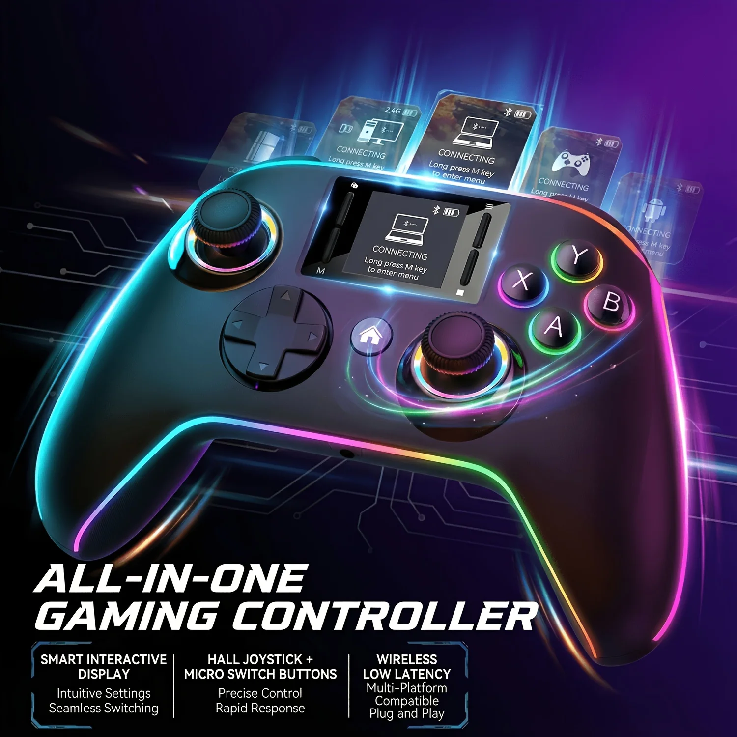 Wireless gaming controller with an interactive screen, compatible with PC, PS4, Switch, Android, and iOS devices. Features 4 programmable buttons, rapid-fire functionality, a 6-axis gyroscope, dual vibration feedback, and RGB lighting.