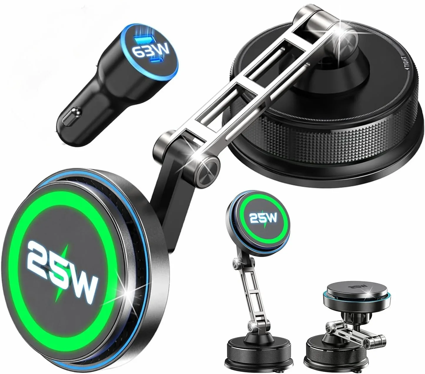Car Qi2 25W Magnetic Wireless Charger With 63W Car Charger Vacuum Phone Holder for…